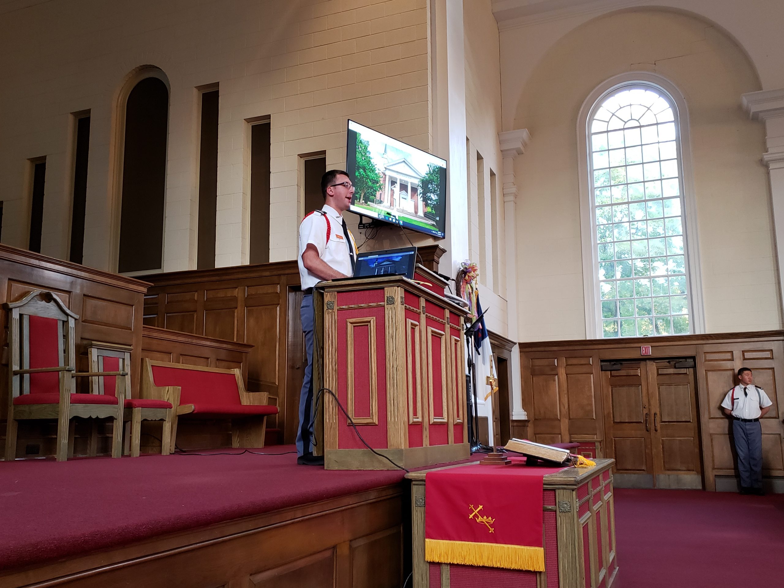 Cadet Soles speaking in chapel