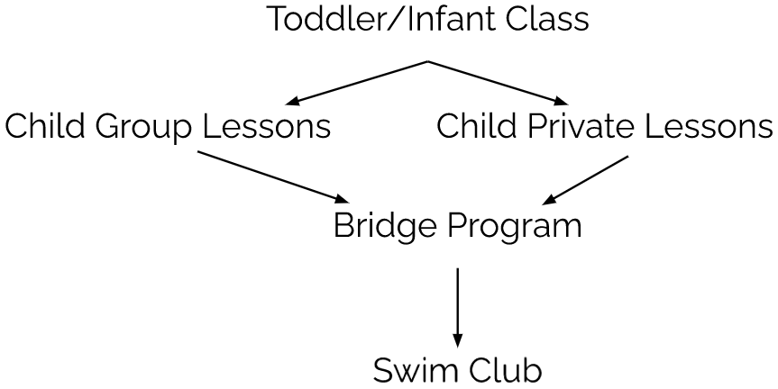 Diagram: Progression begins with Toddler/Infant Class, followed by either Child Group Lessons or Child Private Lessons, then Bridge Program, and finally Swim Club.