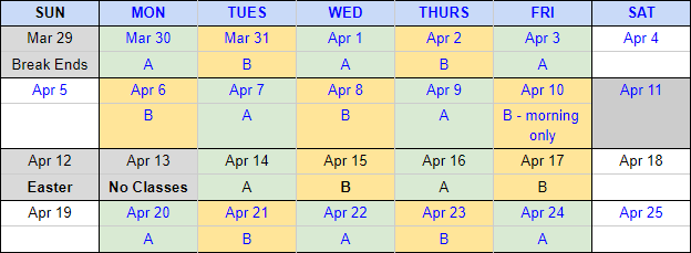Calendar from Mar 29 to Apr 25